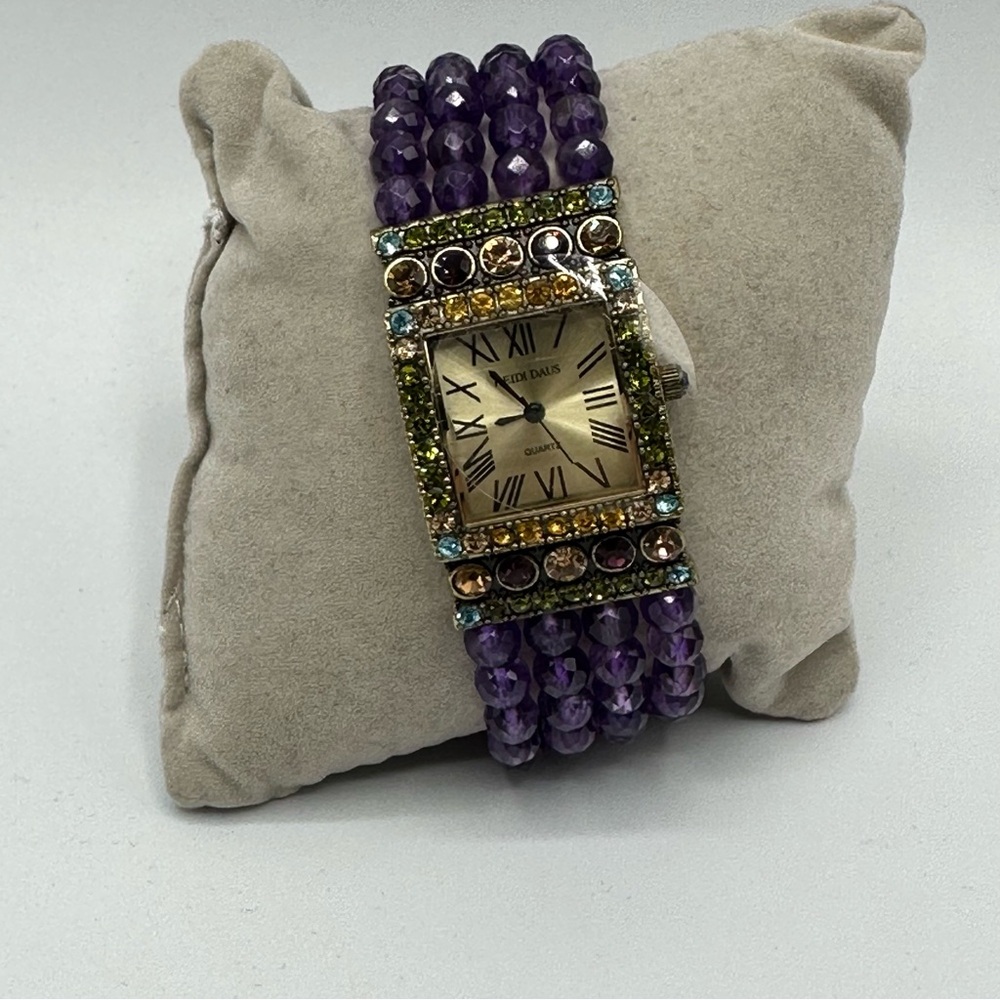 Heidi Daus Purple Beaded Multi Colored Crystal Bracelet Watch